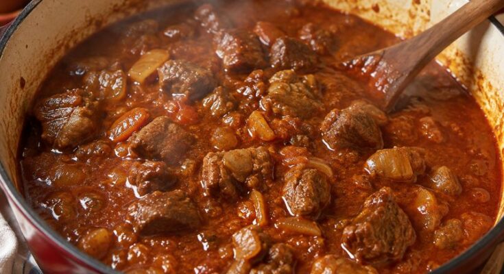 Welches Fleisch für Gulasch? Bild von einem Gulasch im Topf