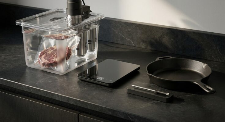 Moderne Küchenzeile mit Sous-vide-Stick, digitaler Waage und Thermometer