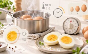 Eier in einem Kochtopf mit perfekt wachsweichen hartgekochten, aufgeschnittenen Eiern daneben