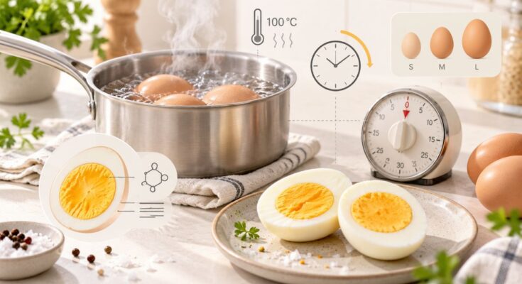 Eier in einem Kochtopf mit perfekt wachsweichen hartgekochten, aufgeschnittenen Eiern daneben